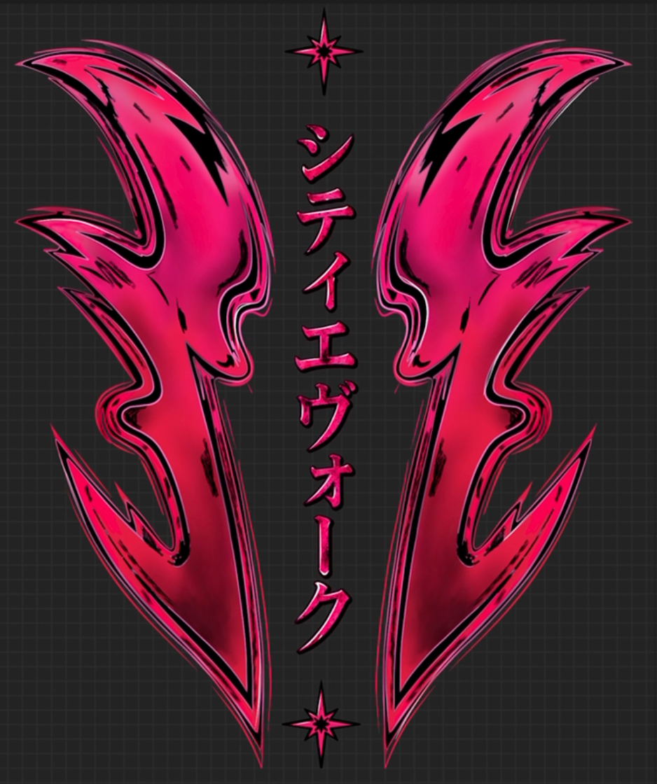 CITYEVOKE YEAR ONE anniversary tee back design - CE wing logo with Japanese katakana シティエヴォーク